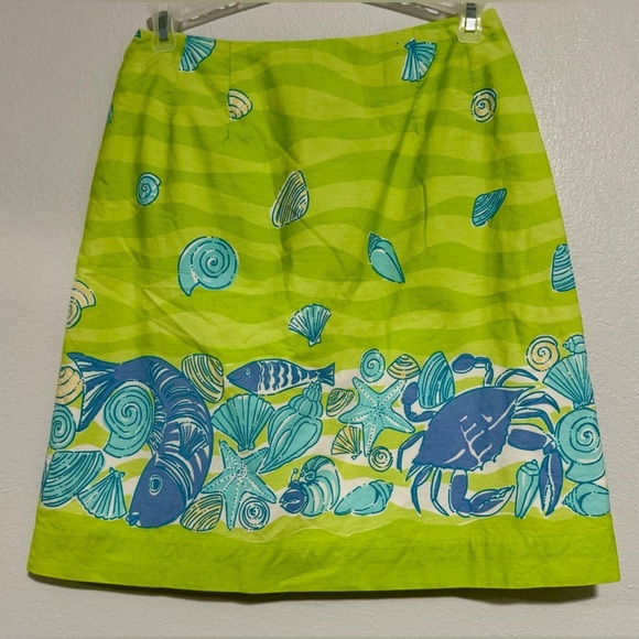 Women's Lilly Pulitzer Cotton Vintage Simple Skirt Pistachio Fish Shells Crabs - Picture 1 of 3